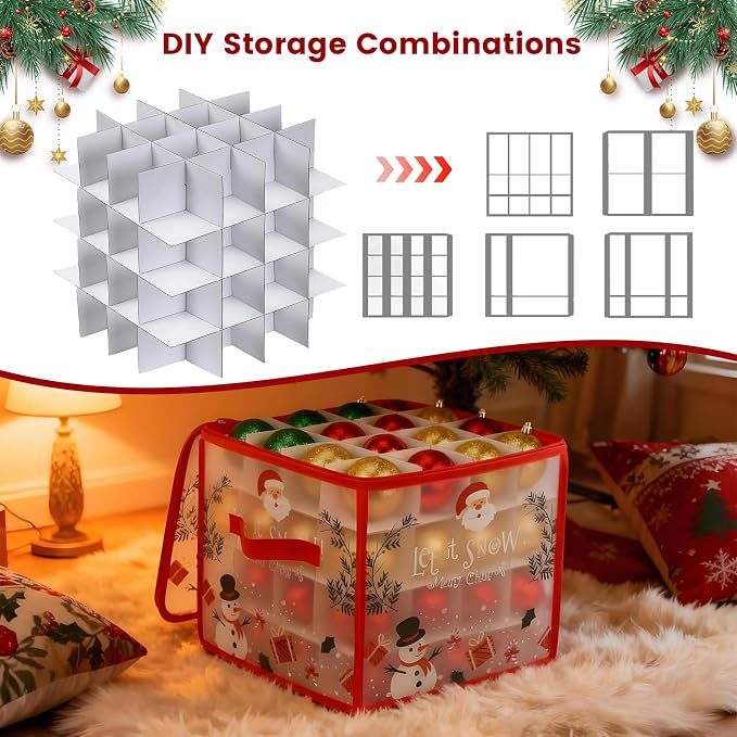 Christmas Ornament Storage Box, Christmas Ball Container with Dividers for 64 Balls, Space-Saving Holiday Decor Organizer Xmas Ornaments Box (Red)