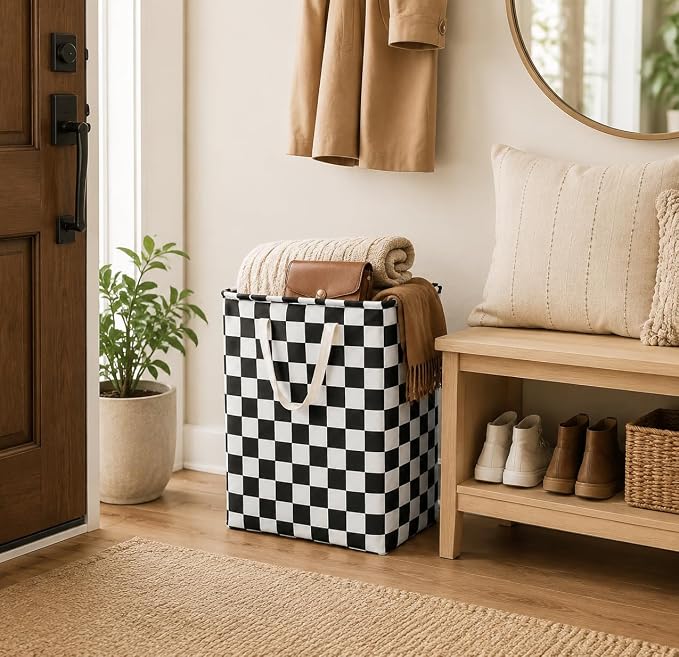MAIZMZ 3 Pack Checkerboard Storage Basket for Boys Room, 14.6"x12.6"x19.7" Waterproof Linen Laundry Baskets with Handles Racing Room Decor, Gifts