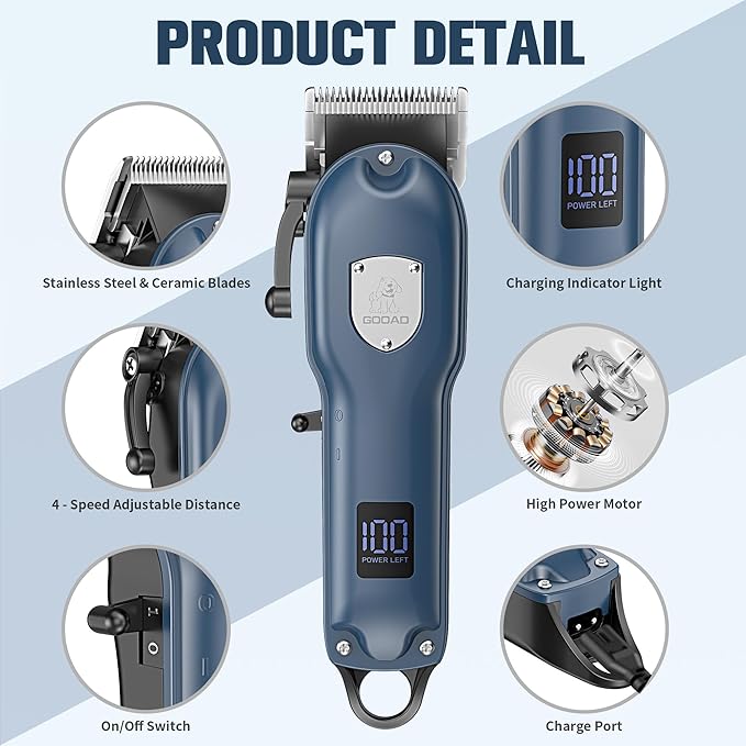 Dog Clippers for Grooming for Heavy Thick Hair&Coats,Low Noise Dog Hair Trimmer,Rechargeable Cordless Pet Shaver with Stainless Steel Blade, Dog Grooming Kit for Small Large Dogs Pets (Blue)