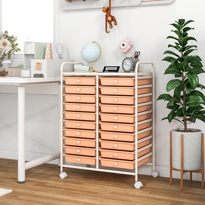 20 Drawer Rolling Storage Cart, Art Cart Organizer with Wheels for Makeup, Tool, Paper, Multipurpose Craft Storage Cart with Drawers for Office, Home, Classroom, School (Peach)