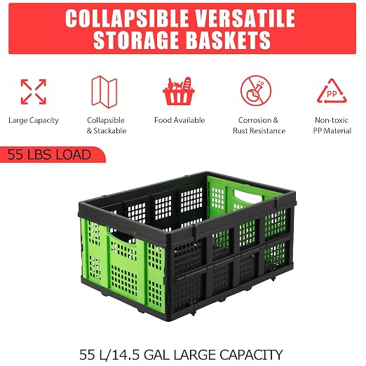 Garvee Collapsible Crate, 55L Foldable Plastic Milk Storage Crate, Green | Heavy Duty Stackable Plastic Crates Folding Storage Baskets for Groceries, Moving, Camping & Car Storage