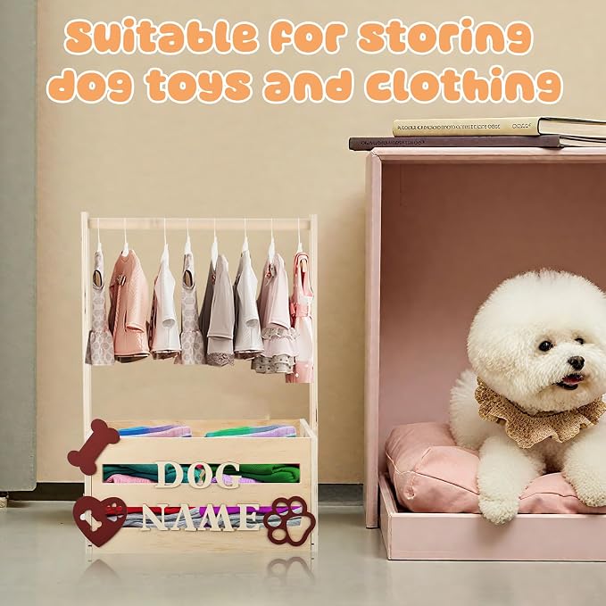 Wooden Pet Wardrobe Closet Toy Basket Box with Hanging Rods Personalized Pet Alphabet Letters Easy Assembly Baskets Dog Toy Box for Dog Cat Toys Clothes Organization Storage Accessories