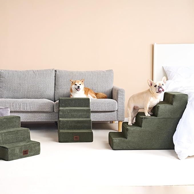EHEYCIGA Dog Stairs for Small Dogs 13.5" H, 3-Step Extra Wide Dog Steps for Couch Sofa and Chair, Pet Steps for Medium Cats, Non-Slip Balanced Pet Ramp Indoor, Military Green