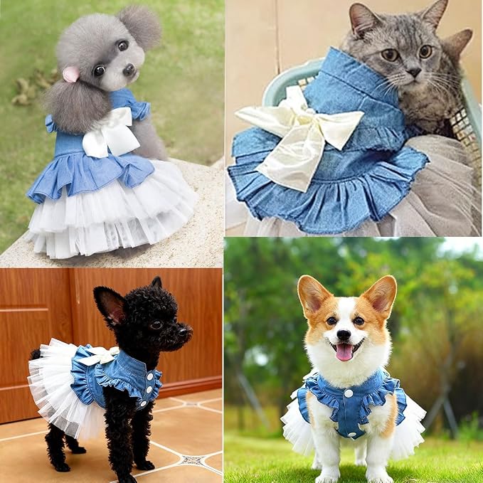 Dog Cat Denim Tutu Dress, Princess Puppy Kitten Outfit with Pearl Bow & Stand-Up Collar, Sleeveless Pet Clothes for Wedding Birthday Party, Easy Front Snap Closure for Chihuahua(White-Denim, Small)