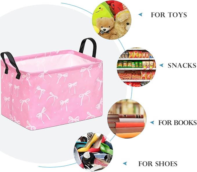 Baby Storage Basket Nursery Box Laundry Hamper Organization Bins for Toys and Clothes with Handles (Pink Bow)