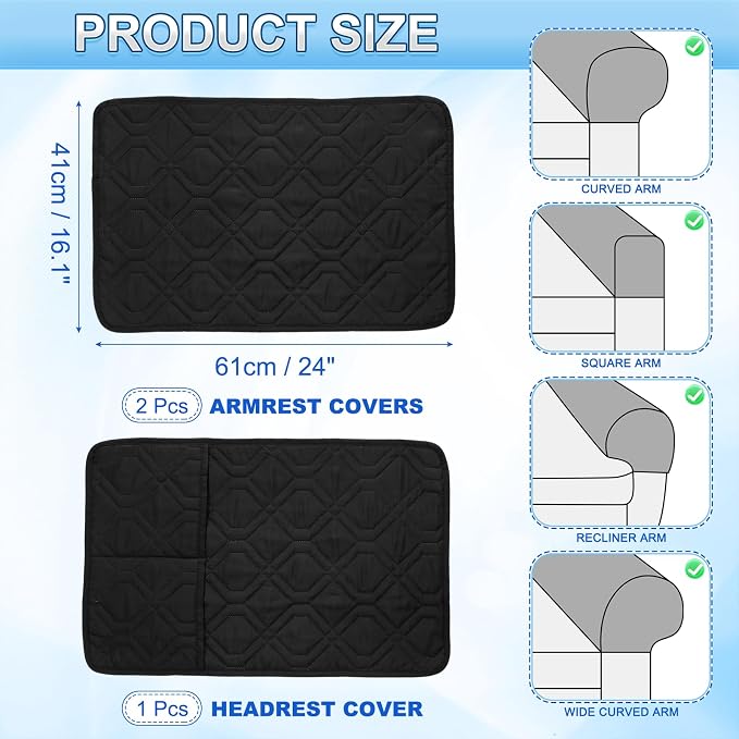 uxcell 3Pcs Sofa Armrest Covers, Armchair Covers with Side Storage Pocket Waterproof Recliner Chair Protector Anti-Slip Couch Arm Headrest Furniture Protect for Home Living Room, Black