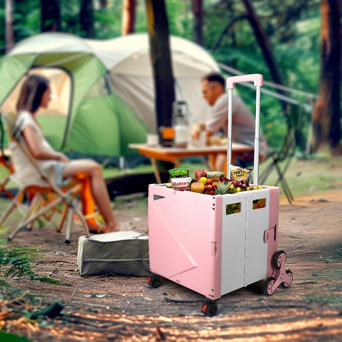 76L Folding Utility Cart Portable Rolling Crate Handcart Shopping Collapsible Tool Box with Stair Climbing Wheels,Hidden Lid,2 Rotate Wheels,for Grocery,Shopping,Office,Storage(Pink-White)