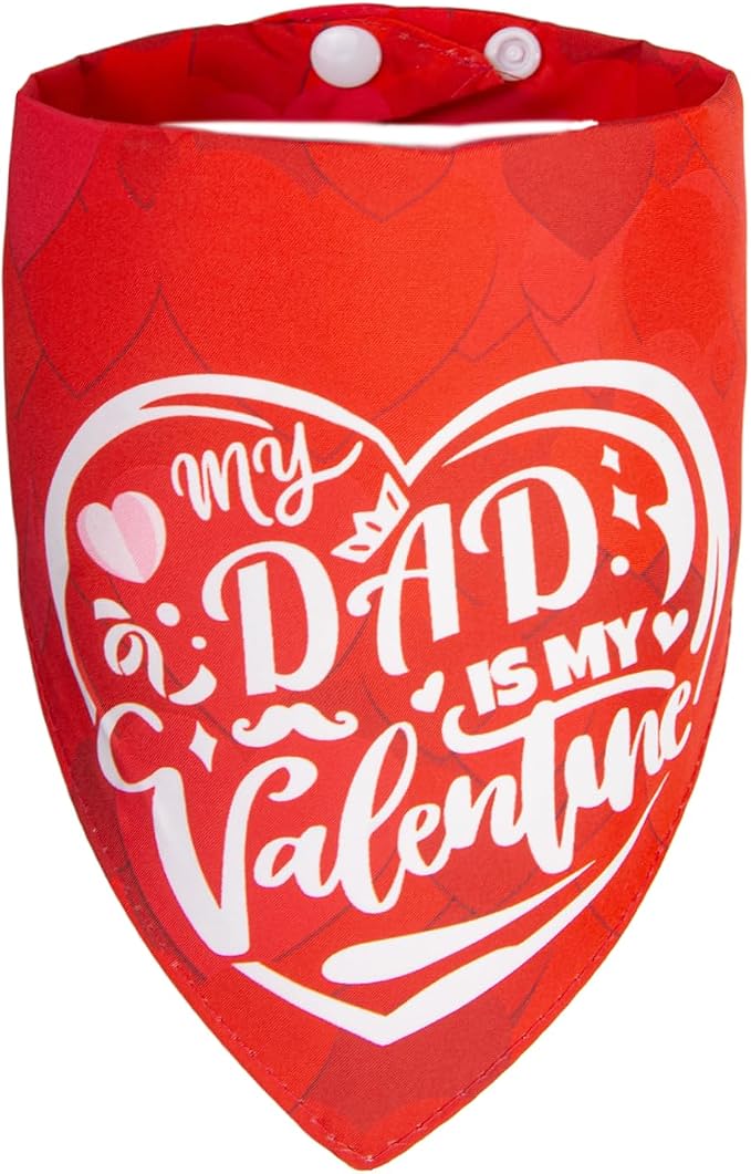 My Dad is My Valentine Dog Bandanas for Valentine's Day 2-in-1 Reversible Cute Lettering & Red Heart Pattern Holiday Costume Pet Scarf with Snap Button for Small & Medium Breeds (5-30lbs)