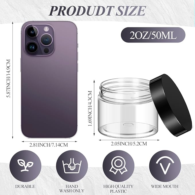 Patelai 60 Pcs Plastic Containers with Lids, Round Leakproof Cosmetic Containers, Multipurpose Storage Jars for Makeup, Lotion, Ointment, Rhinestone Samples, Dry Food and Toiletries(Black,2 oz)