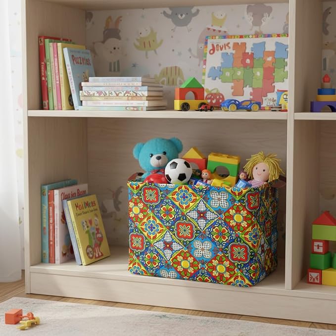 Mexican Talavera Decor Storage Basket Waterproof Canvas Toy Storage Bin Mexican Decor For Home Collapsible Outdoor Basket with Leather Handles Mexican Gifts Blanket Baskets For Closets,Bedrooms