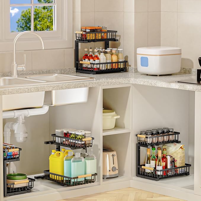 2Pcs Under Sink Organizer, 2-Tier Pull Out Under Sink Organizers and Storage, Adjustable Metal Under Cabinet Organizer Shelf, Bathroom Organizer, Sliding Out Drawer for Kitchen Pantry Black
