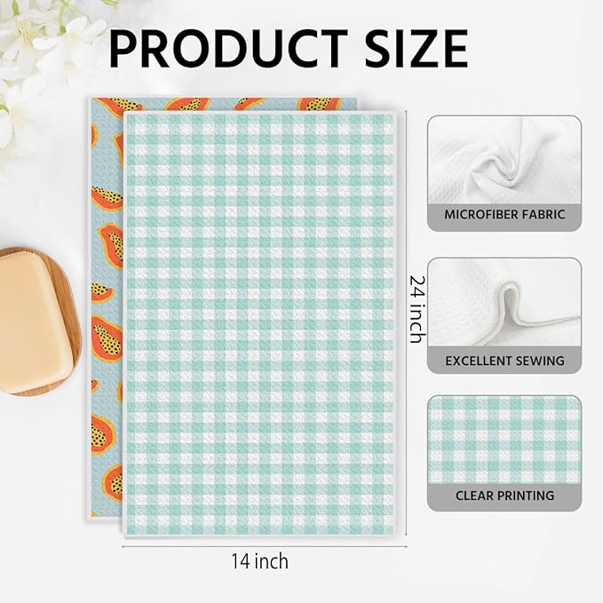 Papaya and Green Checkered Kitchen Towels, Quick Dry Multipurpose Waffle Weave Hand Towels for Bathroom, Absorbent Reusable Cloth Tea Dish Towels for Home Decor, Papaya Lover Gift Towel Set of 2