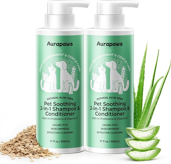 2-in-1 Dog Shampoo & Conditioner, Probiotic Pet Shampoo for Dogs & Cats, Soothes Dry, Itchy, Sensitive Skin, Gentle Formula with Panthenol, Oatmeal & Aloe Scent, Paraben-Free, 17oz, 2-Pack