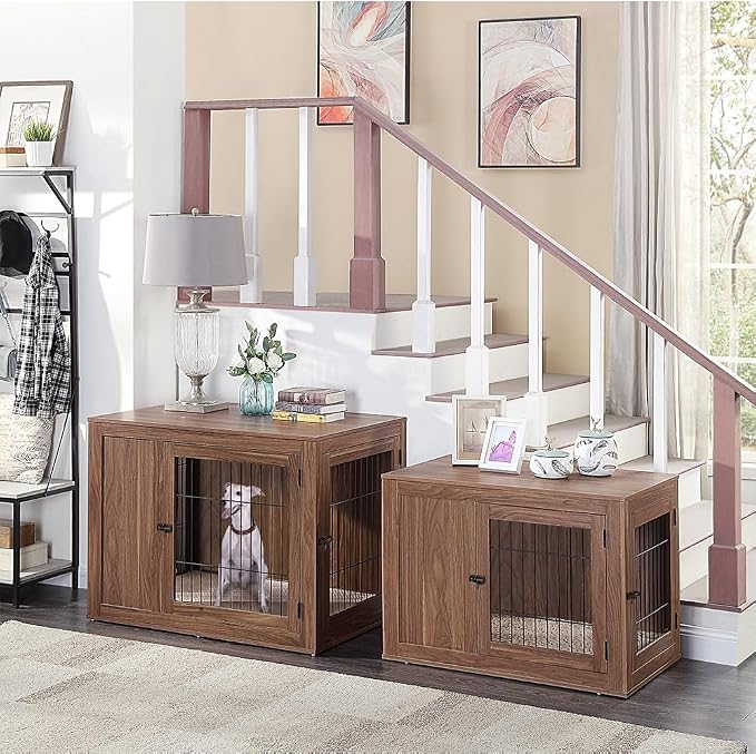 unipaws 38.5 Inch Furniture Style Dog Crate for Medium Large Dogs | Indoor Dog Stuff Kennel, Modern Decorative Wood Wire Cage, Pretty Cute End Side Table Nightstand, Walnut