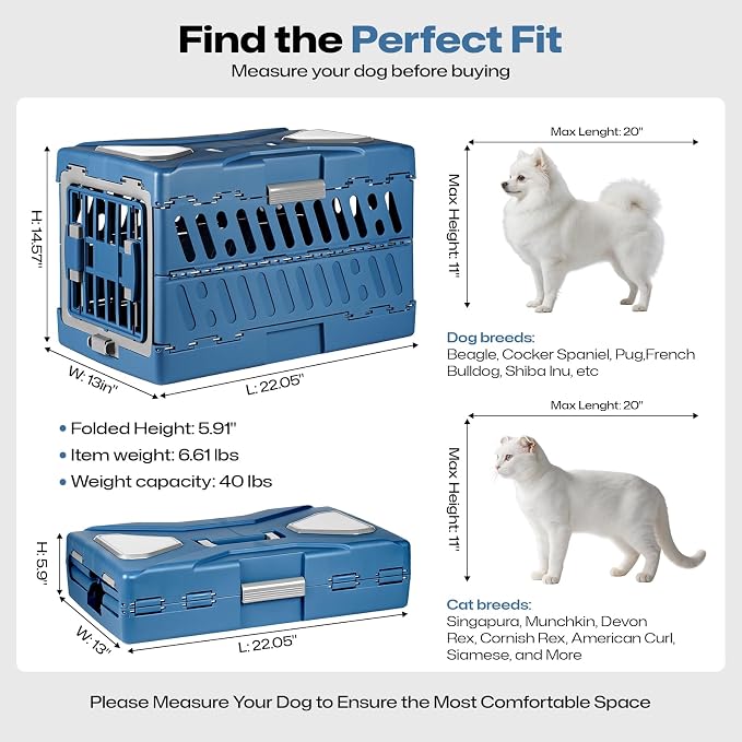 Collapsible Pet Carrier for Small Dogs & Cats - 3-Second Fold Portable Pet Travel Crate, Durable PP Material, Ventilated Design, Double-Sided Door, Foldable Pet Kennel for Car/Outdoor/Home