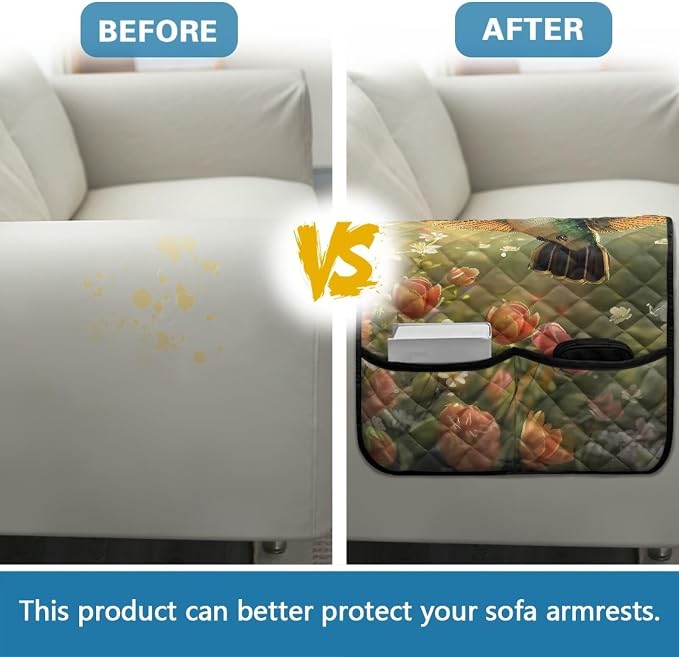 Hummingbird Sofa Armrest Covers Non-Slip Arm Rest Covers Washable Couch Arm Cover with 2 Pockets Dustproof Furniture Protector for Living Room Decoration