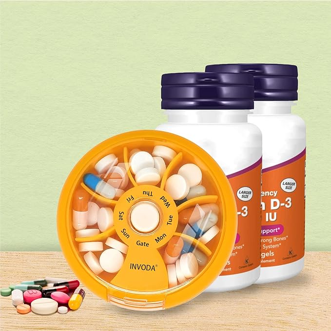 INVODA Weekly Pill Organizer 7 Compartment Rotating Pill Box for Daily | Cute Round Pill Organizer Fit purse pocket or backpack Portable Travel Pill Case for Fish Oil Supplements Vitamins Medication