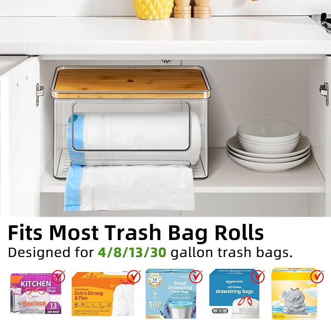 Trash Bag Holder with Lid, Large Garbage Bag Dispenser for 13-33 Gallon Bags, Space-Saving Organizer for Under Sink, Kitchen, Laundry Room Organization, Pantry Organizers and Storage