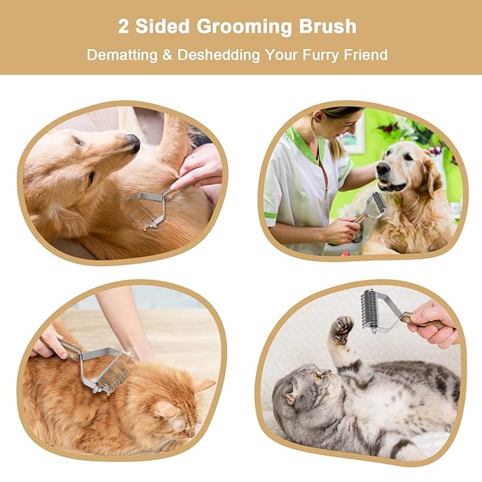 Undercoat Rake for Dogs, Dematting Comb for Dogs and Cats with Wood Handle, Deshedding Dog Brush for Remove Mats, Long-Haired Pets Grooming Rake, L
