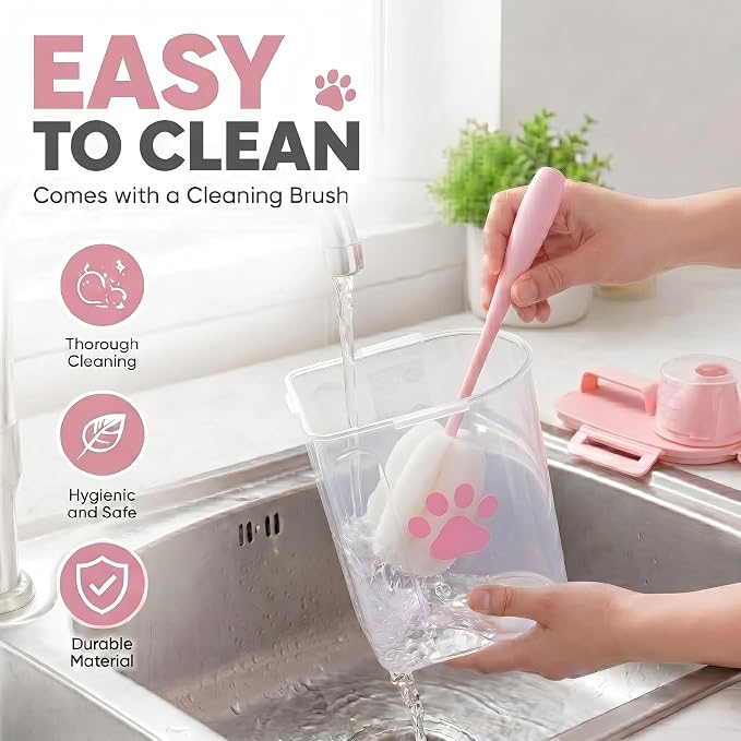 Dog Storage Container with Cleaning Brush and Measuring Cup | Airtight Portable Pet Food Containers with Upgraded Large Spout and Cup for Dogs,Cats,Birds,Small Animals(Pink)