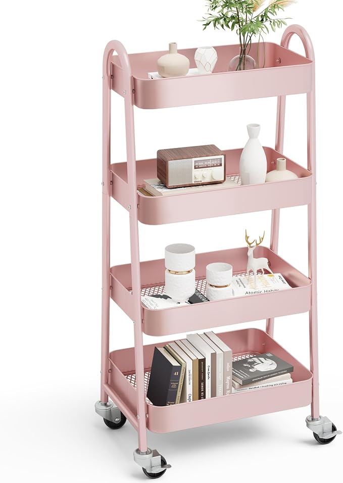 OLIXIS Metal 4 Tiers Rolling Storage Utility Cart with Lockable Wheels | Mobile Organizer Shelf, Space-Saving, Freestanding, Bathroom, Living Room, Slim, Narrow Corner Spaces, Pink