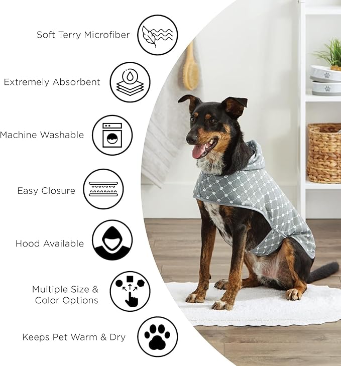 Bone Dry Pet Robe Collection, Embroidered Absorbent Microfiber Bath Robe with Adjustable Closure, for Dogs & Cats, Medium, Pink
