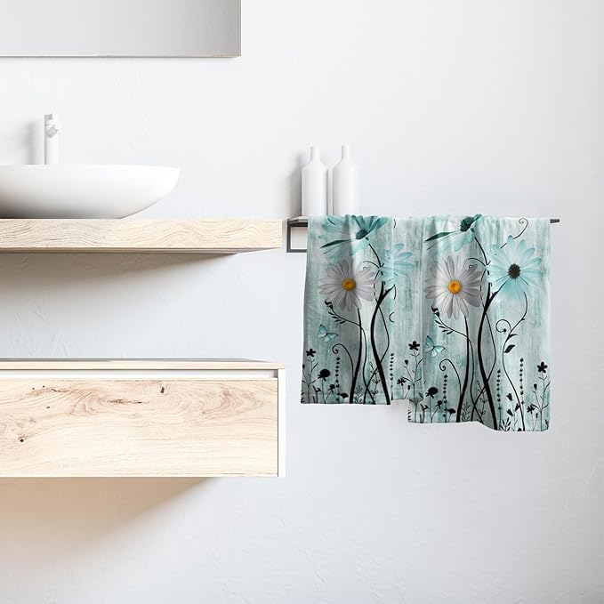 Giwawa Daisy Towel Set of 2, Spring Teal White Floral Hand Fingertip Towels, Turquoise Flowers Butterfly Face Kitchen Towel Fast Dry Dish Wash Cloth for Hotel Bathroom Gym Home Spa Decor