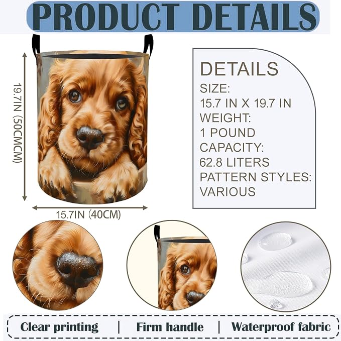 Puppy Dog Laundry Basket Hamper 19.7"x15.8", Cute Pet Animal Foldable Waterproof Oxford Clothes Storage Bucket for Room Bathroom Bedroom Nursery Decor, Toy Organizer Bins Gifts for Kids Boys Girls