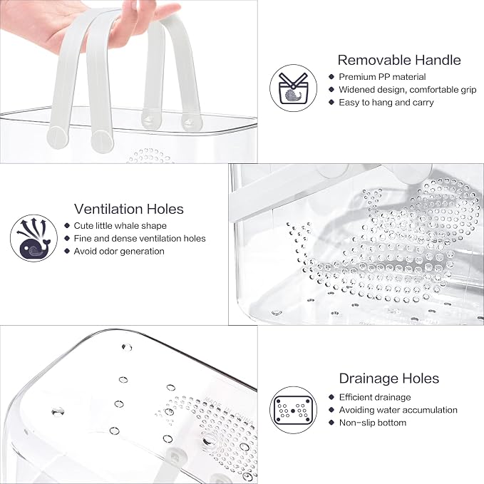 2 Pack Plastic Shower Caddy Basket for Bathroom (White+Pink) | Portable Shower Caddy Tote Storage Basket with Colorful Handles, Clear Toiletry Organizer Bin for Kitchen College Dorm