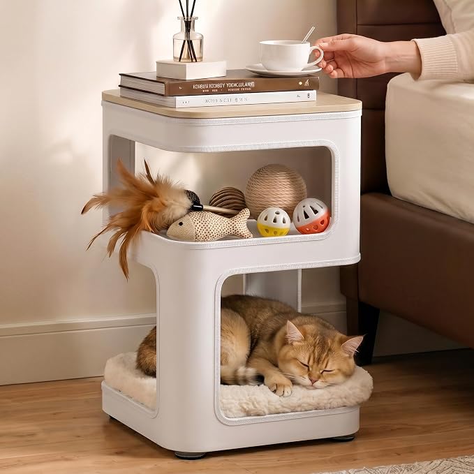 EUREKA ERGONOMIC Side Table Cat Beds, Square End Table with Cat House, Metal Nightstand with 3 Tier Storage, Modern Side Table End Beside Table for Living Room Bedroom Indoor, Easy Assembly, White