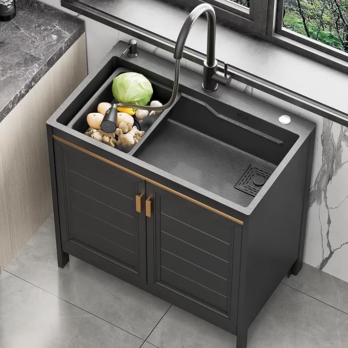 1 Compartment Freestanding Utility Sink with Cabinet, Commercial Grade Stainless Steel Laundry & Pet Wash Station, Heavy Duty Industrial Sink for Garage Kitchen Bar Cleaning Room