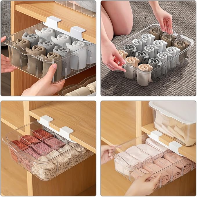 Abaodam Socks Storage Box with Lid and Multi-grid Compartment Design, Pet Material Drawer Organizer for Home Storage and Closet, Keeps Socks and Hosiery Tidy and Well Organized