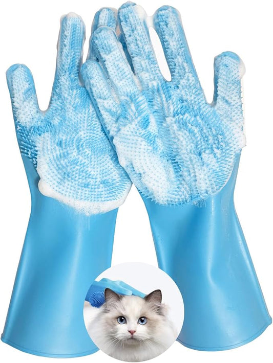 Pet Grooming Gloves for Cats Dogs, 3000 Silicone Grooves Bathing Gloves, Wet Dry Dual Use Washing Massage Gloves, Pet Bath Supplies for Gentle Cleaning Grooming（Blue）