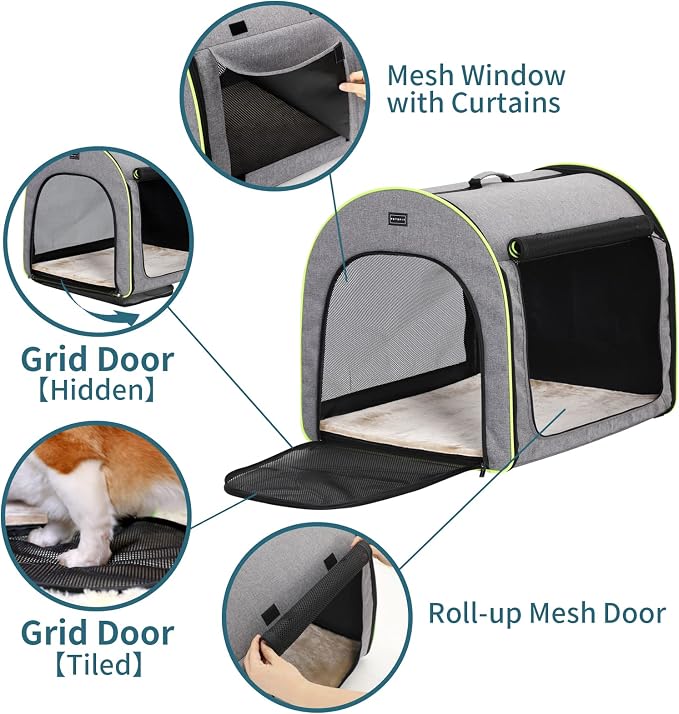 PETSFIT Collapsible Dog Crate, Travel Dog Crate - 30 Inch Lightweight, Roomy, Easy to Set Up, Sturdy Soft Dog Kennel with Thick Mat, Snowflake Grey