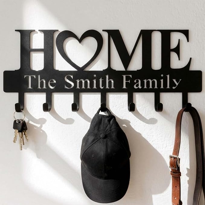 Jceydefy Personalized Key Holder for Wall, Custom Metal Key Hooks with Family Name, Entryway Coat Hook Rack, Leash Collar Hook, Pet Dog Leash Holder, Hooks Organizer