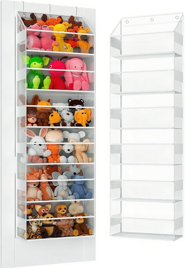 Over the Door Organizes- 6 Tier Stuffed Animal Storage, Hanging Organizer for Toys/Plushies, Back Door Organizers and Storage Holder Bag for Bathroom Nursery Newborn Baby Essential Stuff (Clear)