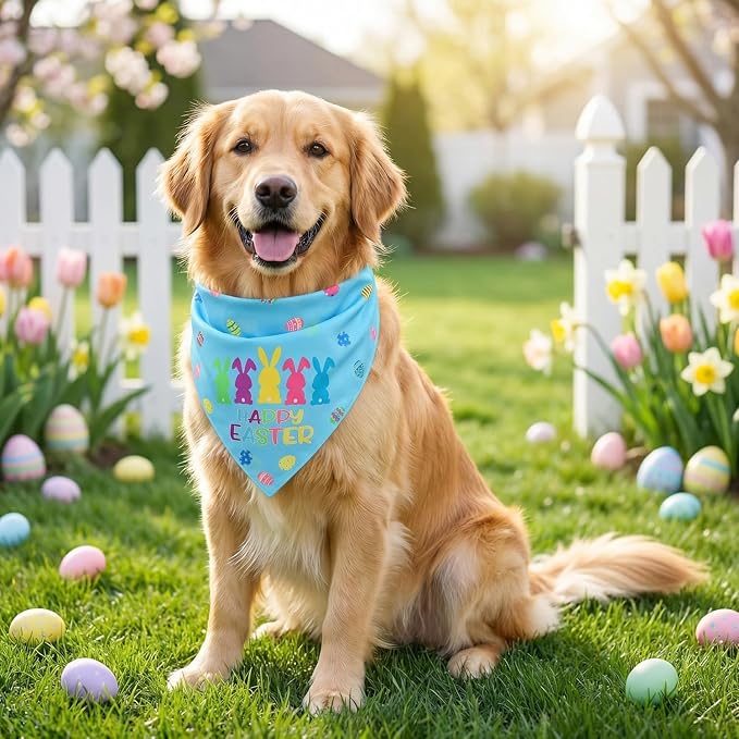 Easter Dog Bandanas 2PCS-Large,Adjustable Holiday Party Pets Rabbit Easter Egg Outfits,Triangle Reversible Pet Scarf for Boys and Girls,Dog Costume Gifts for Medium to Large Dogs