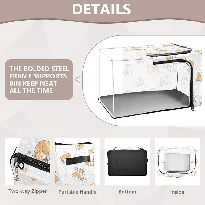 Cute Pets Dogs White print Under Bed Storage Containers with Double Zipper Openings, Foldable Clothes Storage Bins with Clear Window and Handles for Bedding Comforters Blankets