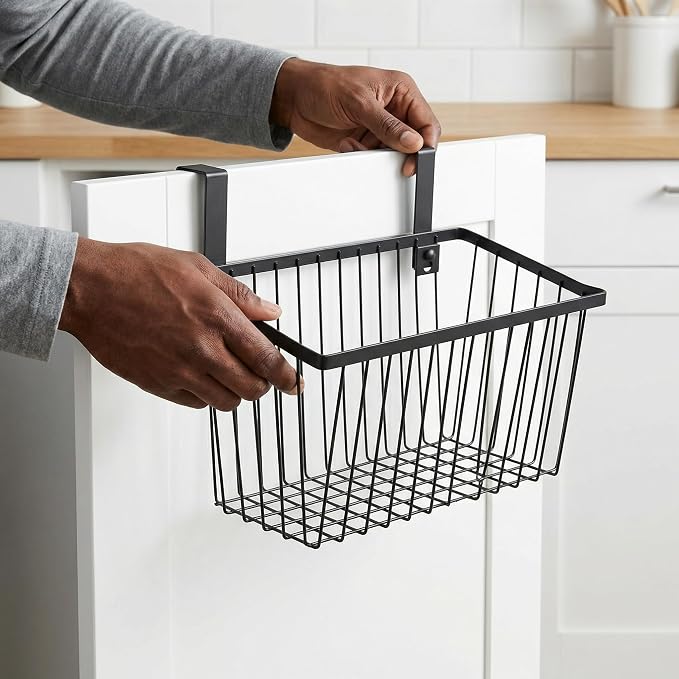 LeleCAT Grid Storage Baskets with Hooks, Over Cabinet Door Organizer, Wire Basket Hanging Storage Organizer, Kitchen Bathroom Organizer (Black, Large)