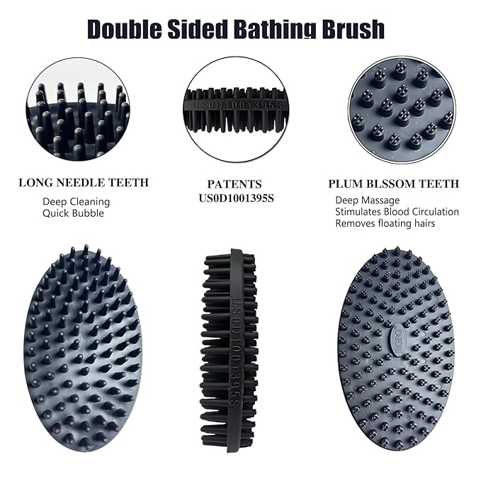 ROPO Double Sided Dog Bath Brush, Pet Grooming Tool with Long and Plum Blossom Teeth, Deep Cleaning and Massage (Blue+Black)