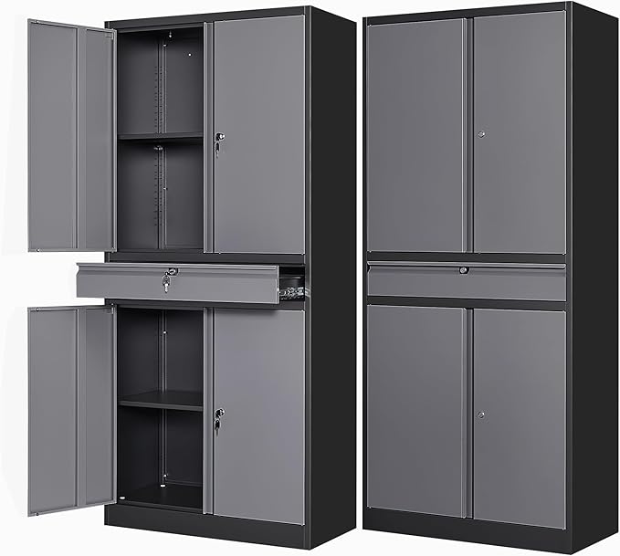 Metal Garage Storage Cabinet with Drawer,4 Door Tool Cabinet with Lock-2 Adjustable Shelves for Garage Home Office Utility Room (Black & Gray)