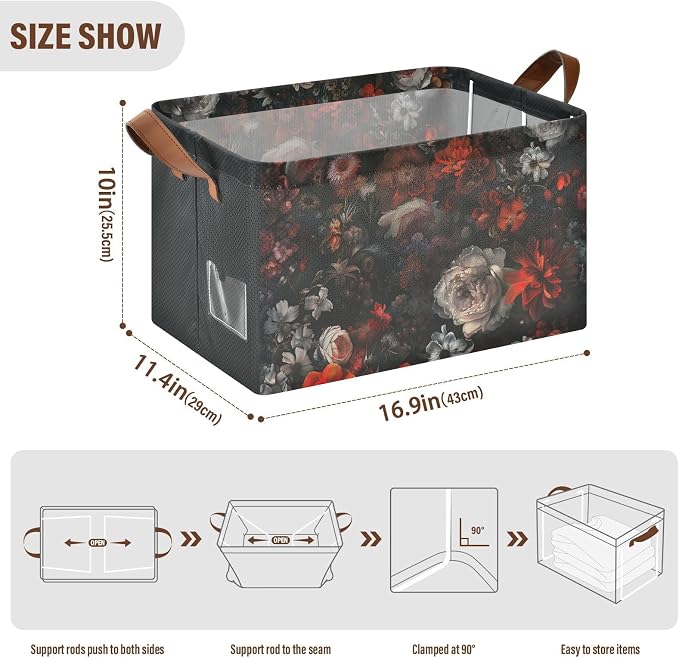 Moody Floral Goth Flower Gothic Dark Storage Bins for Shelves with Labels&Handles Fabric Organizer Bin Foldable Rectangle Storage Basket Boxes for Closet, Bathroom, Home, Living Room