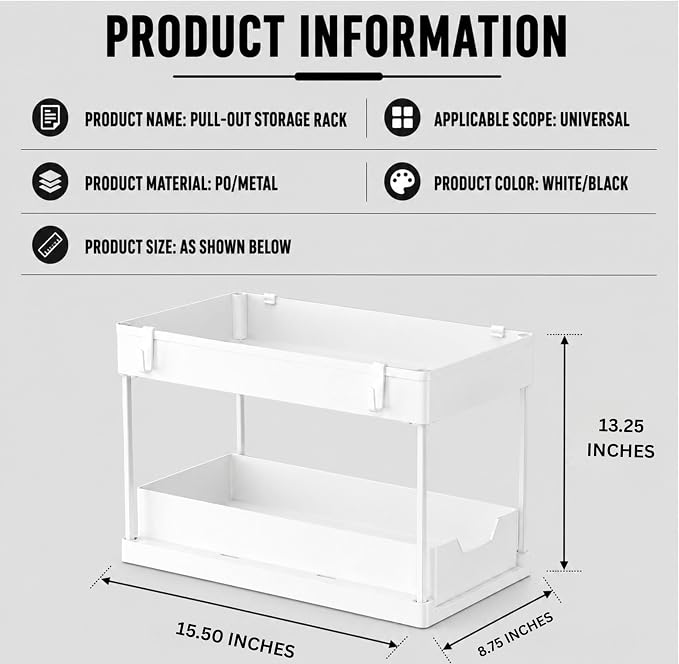 Under Sink Organizer, 2 Tier Pull-Out Storage Organizer with Sliding Drawer & Hooks, Multi-Purpose Cabinet Organizer for Kitchen, Bathroom, Pantry, Laundry Room & Office, White