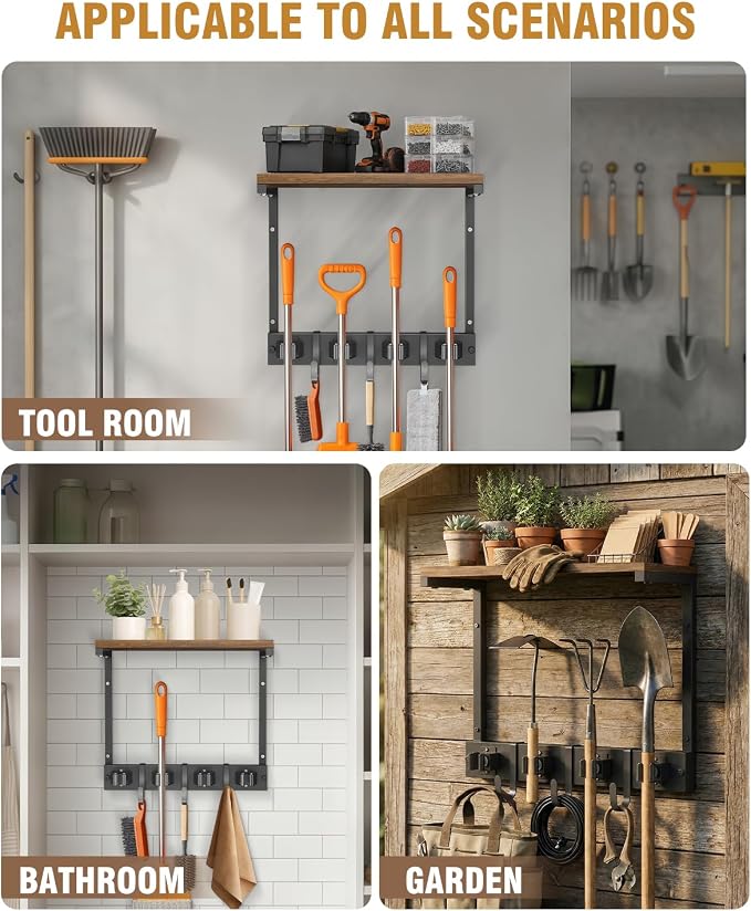 Supforce Small Broom Holder Wall Mount with Shelf, 4 Slots 3 Hooks | Black, 2-In-1 Wall Mount Stores Brooms/Mops, Cleaning Supplies With 4 Grippers/3 Hooks And A Sturdy Wooden Top Shelf