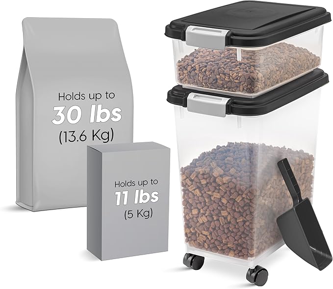 IRIS USA Dog Food Storage Container 30 lb + 11lb Airtight Combo, Stackable Pet Food Storage Bin with Wheels for Cat Dog Food, BPA Free, Made in USA, Black | Stackable Pet Food Plastic Storage Bins with Wheels for Cat and Dog Food, Made in USA