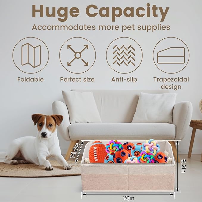 Large Dog Toy Basket with Handle, Foldable Dog Toy Box for Living Room Area , 20" Basket for Dog's Supplies, Organizer and Storage with Hard Board, Anti-Slip for Pet Toys (Beige, Medium 20"×15")