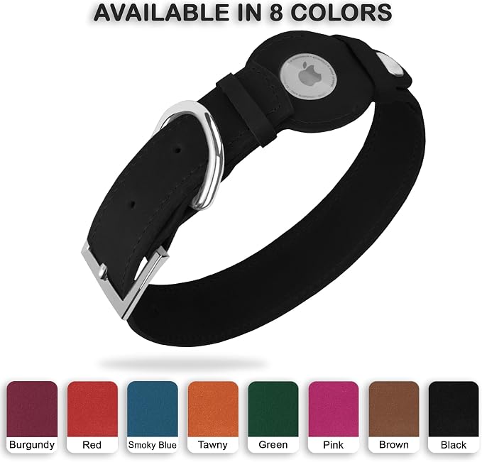Leather Dog Collar with Airtag Holder - Apple Air Tag Dog Collars - Soft Tracking GPS Pet Collar for Small Medium Large Dogs Breed Puppy (Black, XL, 19"-24" Neck Fit)