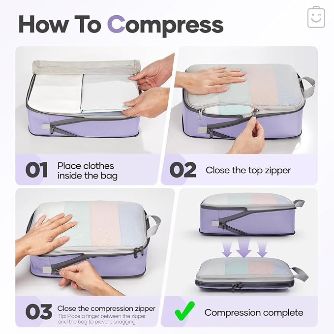 Veken 9/11 Set Compression Packing Cubes Garment Bags for Travel Essentials,Compressible Expandable Luggage Organizer Bags for Clothing,Space Saver Bags with Over 1000 pcs of Mesh Holes(Purple Gray)