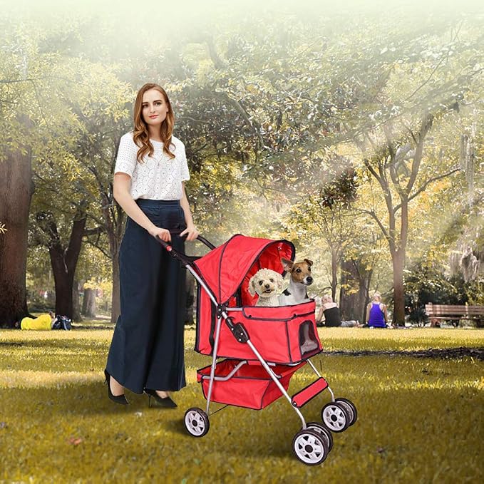 Dog Stroller Pet Stroller Cat Strollers Jogger Foldable Travel Carrier 35Lbs Capacity Doggie Cage Durable 4 Wheels Strolling Cart with Cup Holders and Removable Liner for Small-Medium Dog, Cat - Red