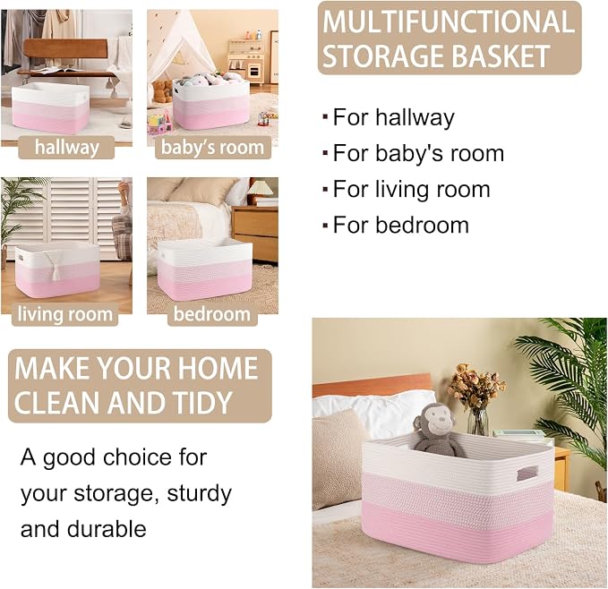 OIAHOMY Blanket Basket Laundry Basket Dog Toy Basket 75L Pink/White | Large Storage Basket,Baby Basket,Toy Storage,Woven Rope Basket for Blankets,Blanket Storage for Living Room